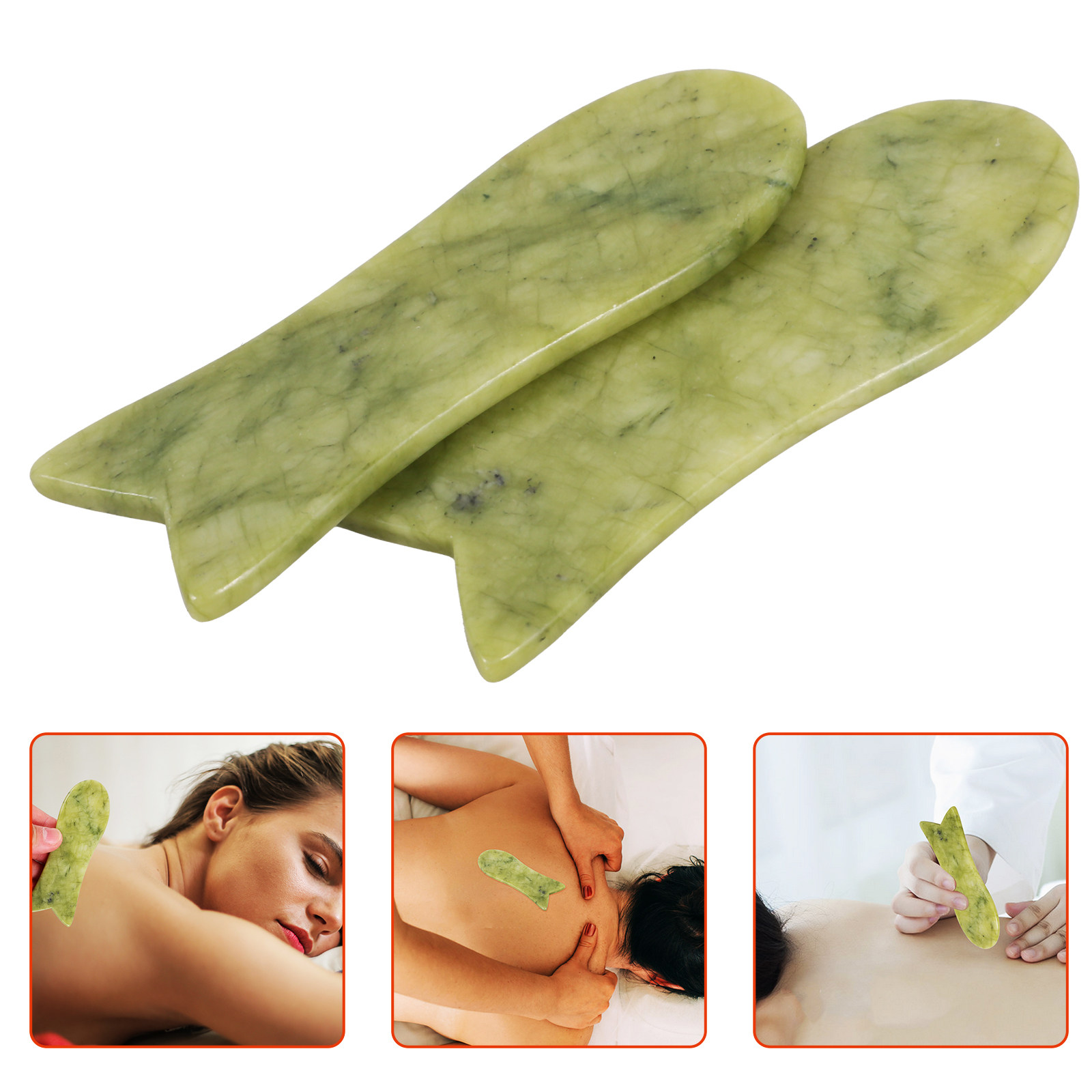 Spa Y Wellness - แผ่นขูดหน้ากัวซาหยกธรรมชาติ 2 ชิ้น รูปทรงปลา ช่วยกระตุ้นการไหลเวียนโลหิต ผ่อนคลายกล้ามเนื้อ